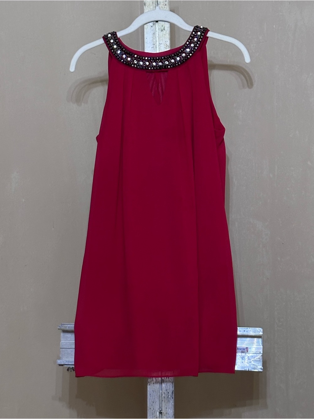 Title: BCX Red Flowy Halter Dress with Beaded Neckline – Size S